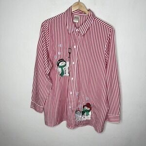 Blair Red White Stripe Snowman Appliqué Long Sleeve Shirt‎ Women's Large